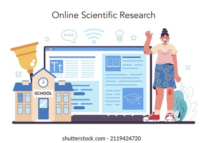 Teacher online service or platform. Professor giving a lesson in a classroom. School worker teaching children school curriculum. Online research. Vector illustration