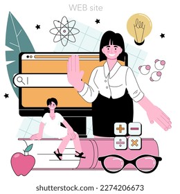 Teacher online service or platform. Professor conduct a lesson in a classroom. Idea of education and knowledge. Website. Flat vector illustration