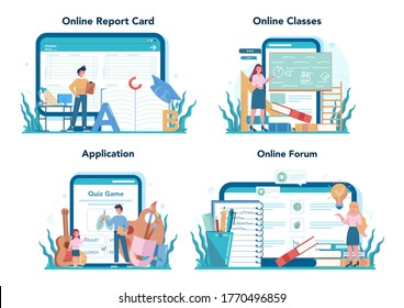 Teacher online service or platform set. Profesor standing in front of the blackboard. School or college workers. Online report card, online classes, application, online forum. Vector illustration