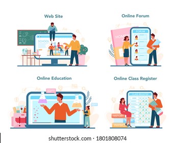 Teacher online service or platform set. Profesor planning curriculum, meeting parents. School or college workers. Online forum, education, class register, website. Isolated flat vector illustration