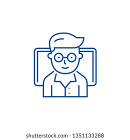 Teacher, online study with notebook line icon concept. Teacher, online study with notebook flat  vector symbol, sign, outline illustration.