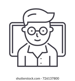 teacher, online study with notebook vector line icon, sign, illustration on background, editable strokes