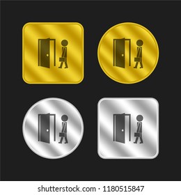 Teacher and open class door gold and silver metallic coin logo icon design