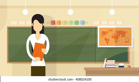 Teacher Over Class Board Classroom Woman With Book Lesson Flat Design Vector Illustration