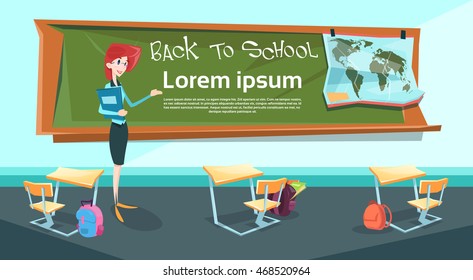 Teacher Over Class Board Classroom Back To School Banner Flat Vector Illustration