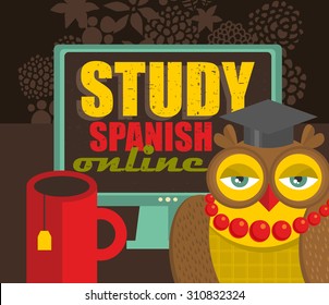 Teacher owl recommending course of Spanish language on-line.Vector illustration.
