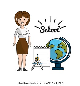 teacher with papper, compass and earth planet desk