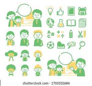 Teacher and parent and child conversation, learning related icons