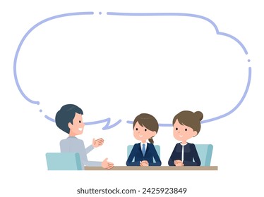 Teacher and parent and child having an interview with speech bubble