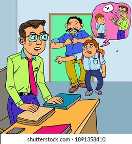 Teacher and parent conflict at school. Illustration about the schoolboy asking his father to take back his smartphone from the teacher.