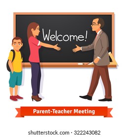 Teacher And Parent Meeting In Classroom. Boy Kid Student With Mother In School. Flat Style Vector Illustration Isolated On White Background.