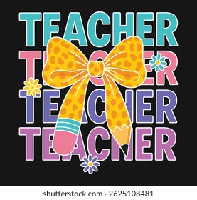 Teacher Pencil Bow Rainbow Design