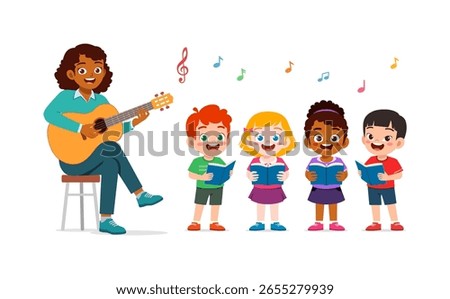 Teacher playing guitar while happy multiracial kids sing reading books cartoon illustration