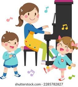 Teacher playing piano and children singing