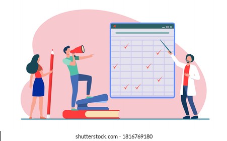 Teacher with pointer explaining matrix with checkmarks. Students with megaphone and pencil flat vector illustration. Training, webinar, lesson concept for banner, website design or landing web page