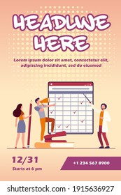 Teacher with pointer explaining matrix with checkmarks. Students with megaphone and pencil flat vector illustration. Training, webinar, lesson concept for banner, website design or landing web page