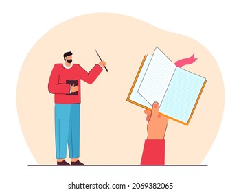 Teacher with pointer and giant hand holding school diary. Professor teaching, checking homework in classroom flat vector illustration. Education concept for banner, website design or landing web page