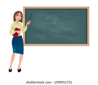 teacher with a pointer near the school board. copy space. isolated on white