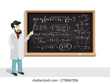 Teacher with pointer on school blackboard explains math formulas. Mathematics education lesson on chalkboard