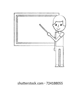 teacher with pointer showing on board on lesson at blackboard in classroom