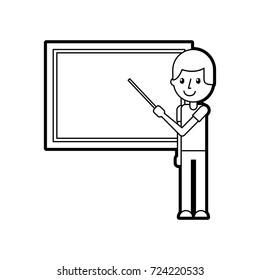 teacher with pointer showing on board on lesson at blackboard in classroom