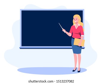 Teacher with a pointer shows on the blackboard. A young girl with a pointer and a folder in her hand stands near the blackboard. Flat vector illustration isolated on white background.