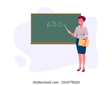 Teacher with pointer shows on the blackboard. A young girl with a pointer and a folder in her hand stands near the blackboard. Flat vector illustration isolated on white background.