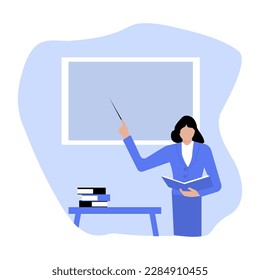 Teacher with a pointer, the teacher shows on the blackboard. Vector illustration