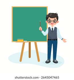 Professor com ponteiro em pé na frente de uma placa de madeira da escola sobre fundo branco. conceito de Caráter educacional. Cartaz, banner, modelo. Ilustração vetorial em estilo de desenho animado plano