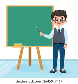 Teacher with pointer standing in front of a wooden school board on white background. Character of Education concept. Poster, banner, template. Vector illustration in flat cartoon style