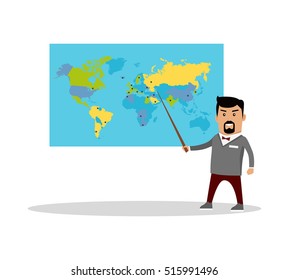 Teacher with a pointer standing near the world political map. Flat design. Geography lesson vector illustration. Global politics, breaking news, climate change, concept. Isolated on white.