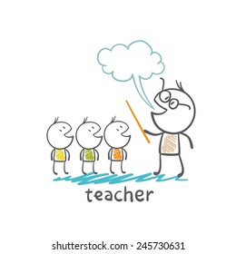 teacher with a pointer teaches children paper illustration