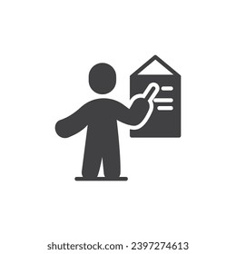 Teacher with a pointer teaches vector icon. filled flat sign for mobile concept and web design. Teaching, training glyph icon. Symbol, logo illustration. Vector graphics