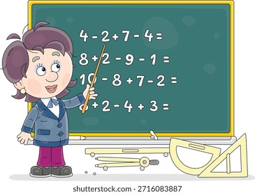 Lehrer, der auf eine Tafel zeigt und während eines Mathematikunterrichts in der Grundschule nach einer Antwort auf Mathematikprobleme fragt, Vektorgrafik auf weißem Hintergrund