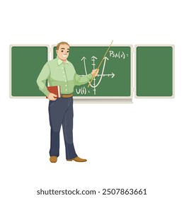 Profesor señalando una pizarra con un gráfico. Ilustración vectorial