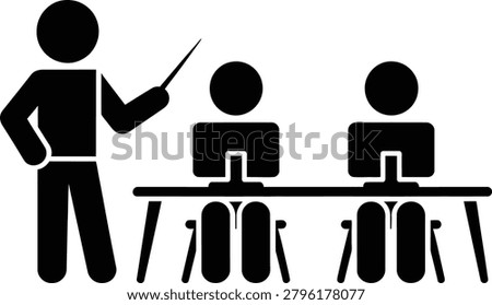 Teacher pointing at blackboard with two students sitting at desks