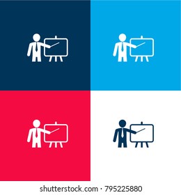 Teacher pointing a board with a stick four color material and minimal icon logo set in red and blue