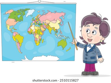 Professora apontando para países em um mapa do mundo em uma aula de geografia e perguntando a crianças em idade escolar sobre eles em uma aula na escola primária, ilustração vetorial em quadrinhos sobre branco