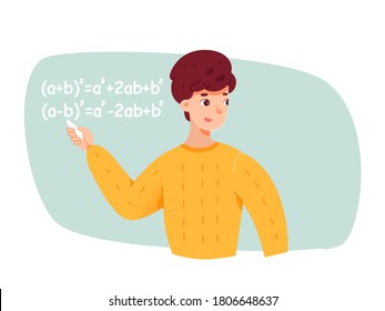 Teacher pointing to equations on blackboard at algebra lesson. Student solves problems learning mathematics. Vector character illustration of lecture university, math exam at college, education