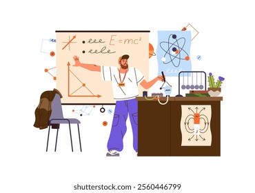 Teacher pointing, explains physics course at the whiteboard. School physicist teaches students in science class. Scientific classroom interior. Flat isolated vector illustration on white background