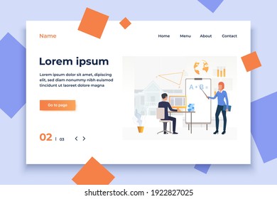 Maestra apuntando a un rotafolios, enseñando a los estudiantes en el escritorio. Aprendizaje, información, de vuelta al concepto escolar. La ilustración vectorial puede utilizarse para temas como el estudio, el conocimiento, la educación