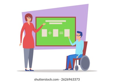Teacher pointing to green chalkboard, explaining concept to student seated in wheelchair. Classroom encouraging learning, fostering inclusive atmosphere