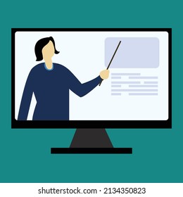 Teacher pointing at lesson in a virtual class. Person giving online presentation on a computer screen.