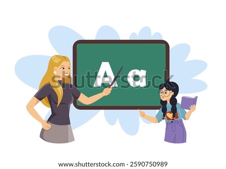 Teacher pointing at letter A on a board, student holding a book, cartoon style, on white background. Concept of education. Vector illustration