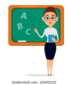 Teacher pointing on the blackboard while lesson. Cheerful female instructor in glasses. Happy Teacher's Day. - stock vector