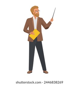 Teacher pointing with pointer, university professor explaining at lecture vector illustration