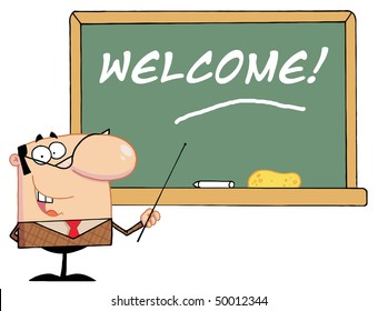  Teacher Pointing To A Welcome Chalkboard