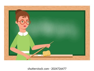 The Teacher Points To The Board With A Wooden Pointer. Back To School. Education. A Cartoon Drawing. Close-up. Vector.