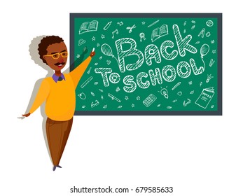 Teacher points to the green chalkboard with the inscription "Back to school", drawn symbols of school life. Man speak, teach a lesson. Cartoon vector illustration.