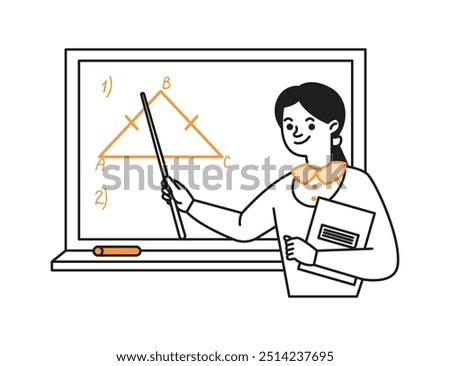 Teacher points with pointer at board explaining geometry doodle line and color illustration. Smiling tutor linear sketch vector person